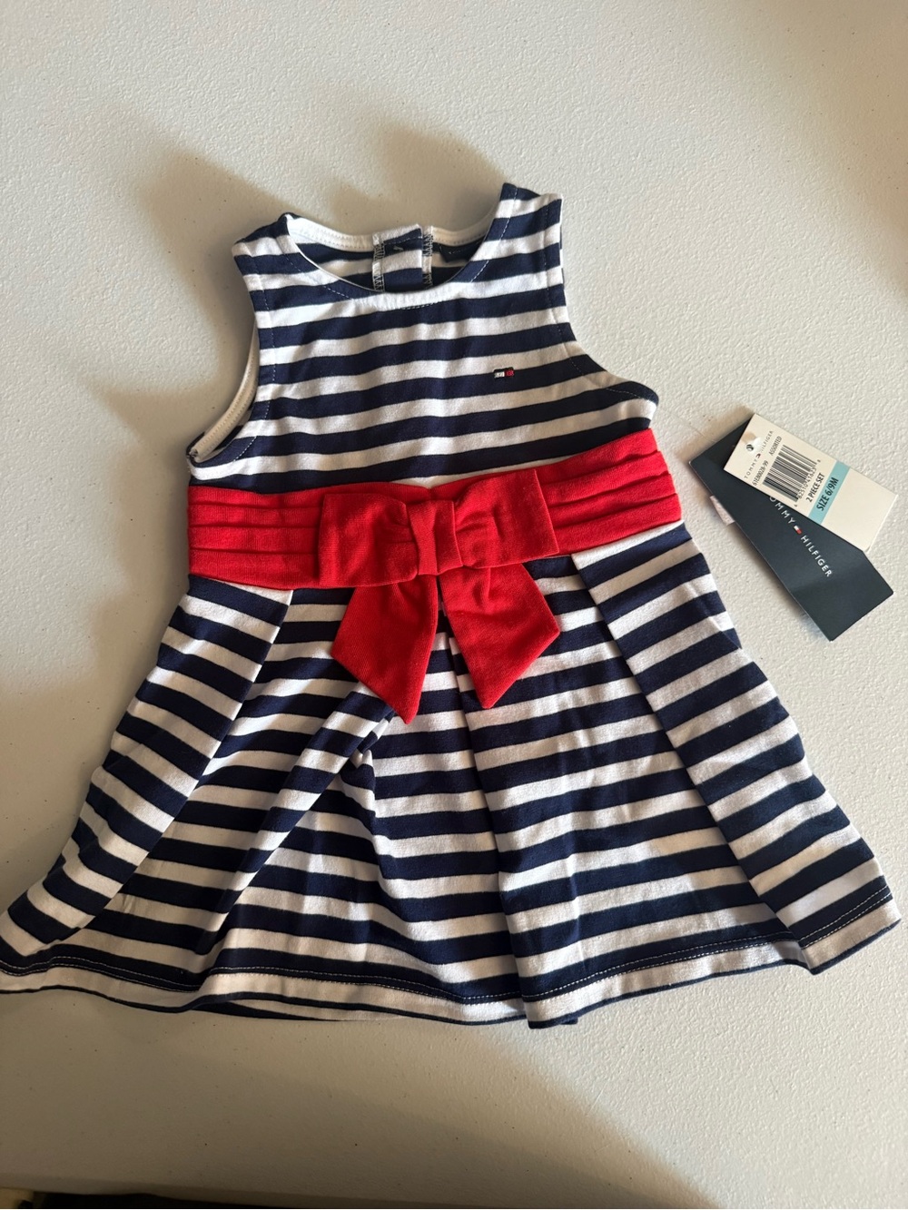 Tommy Hilfiger Navy and White Striped Dress with Red Bow Waistband